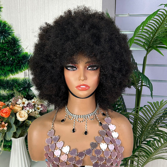 Nature Black Raw Hair Afro Curly Human Hair Fringe Wig(Custom Order)