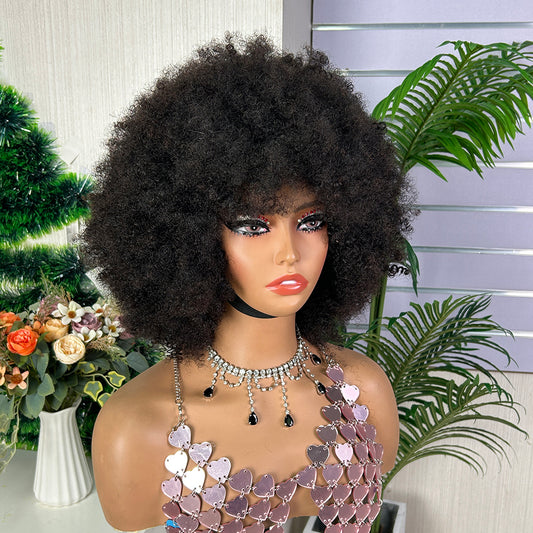 Nature Black Raw Hair Afro Curly Human Hair Fringe Wig(Custom Order)