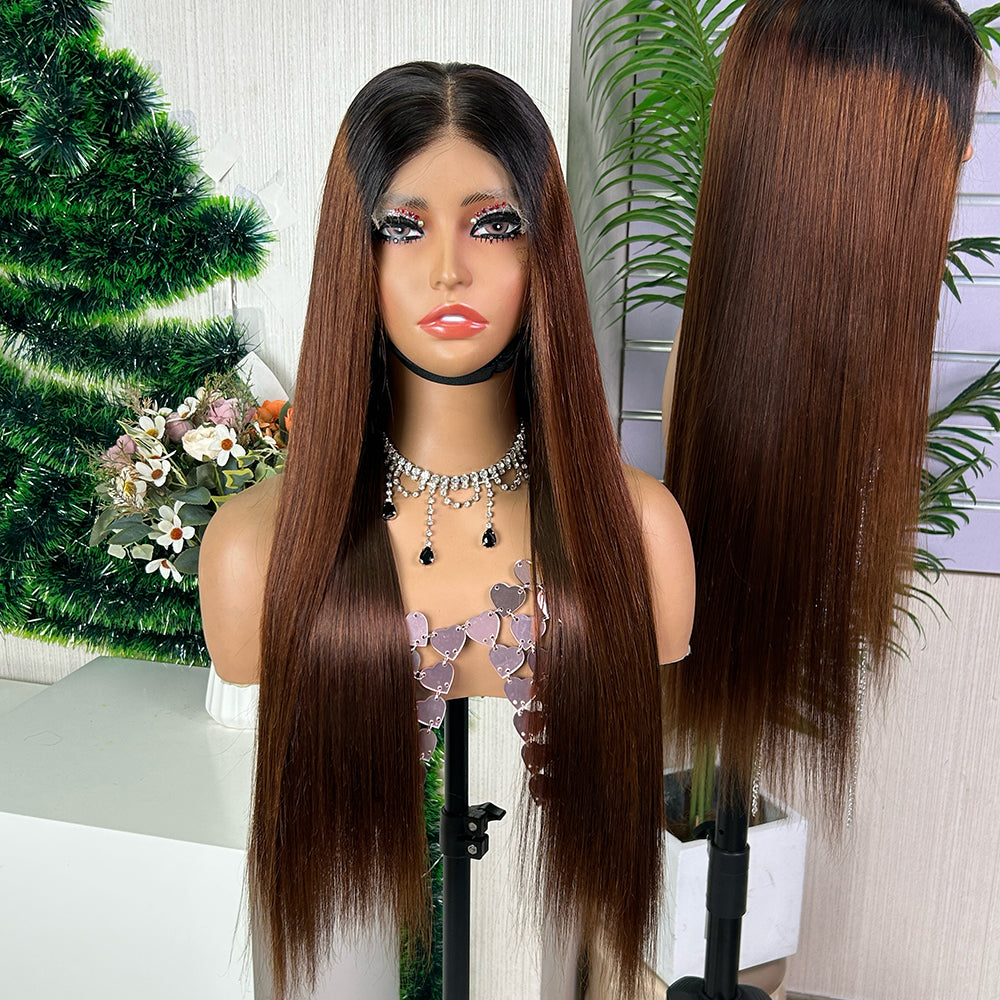 Nature Black & Honey Brown 5x5 HD Lace Closure Raw Hair Bob Wigs