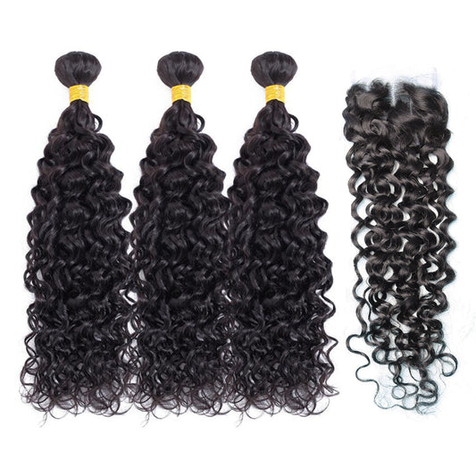 Vague d'eau 100% cheveux humains 3 faisceaux avec fermeture à lacet 4x4 noir naturel