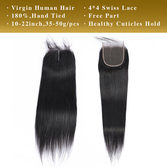 Cheveux droits de Vierge 3 paquets avec le noir naturel de la fermeture de la dentelle 4x4