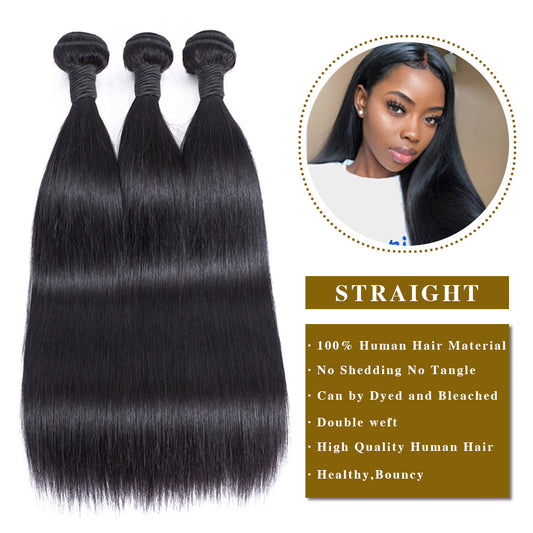Cheveux Humains Vierges Raides 3 Faisceaux Noir Naturel