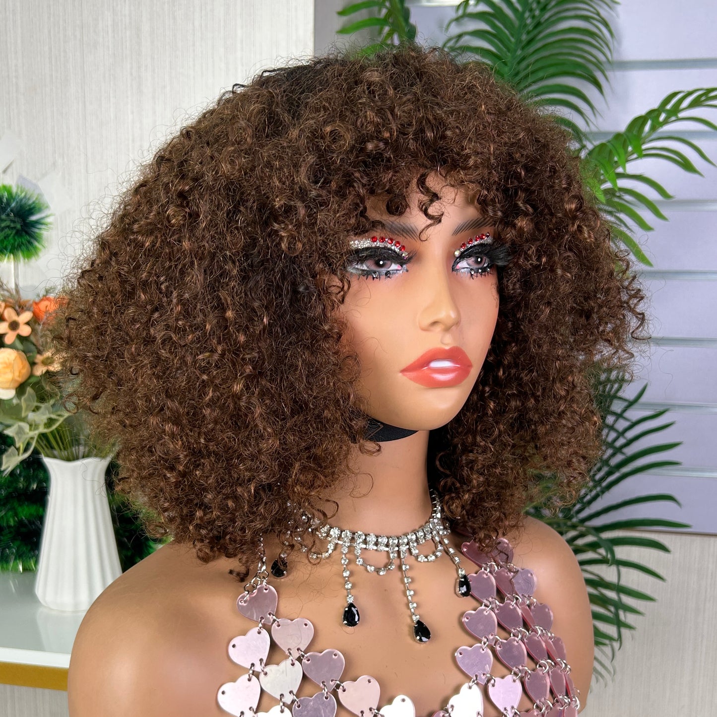 Mix Honey Brown Pissy Curly Raw Human Hair Fringe Wig