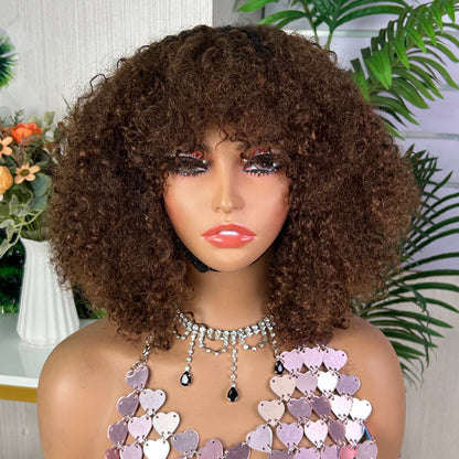 Mix Honey Brown Pissy Curly Raw Human Hair Fringe Wig