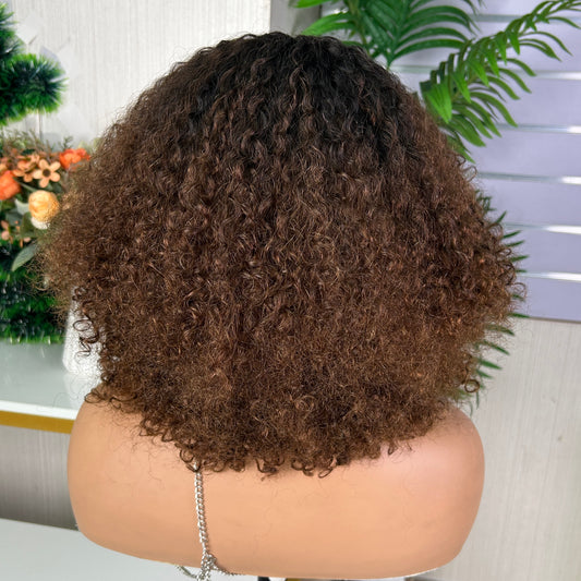 Mix Honey Brown Pissy Curly Raw Human Hair Fringe Wig