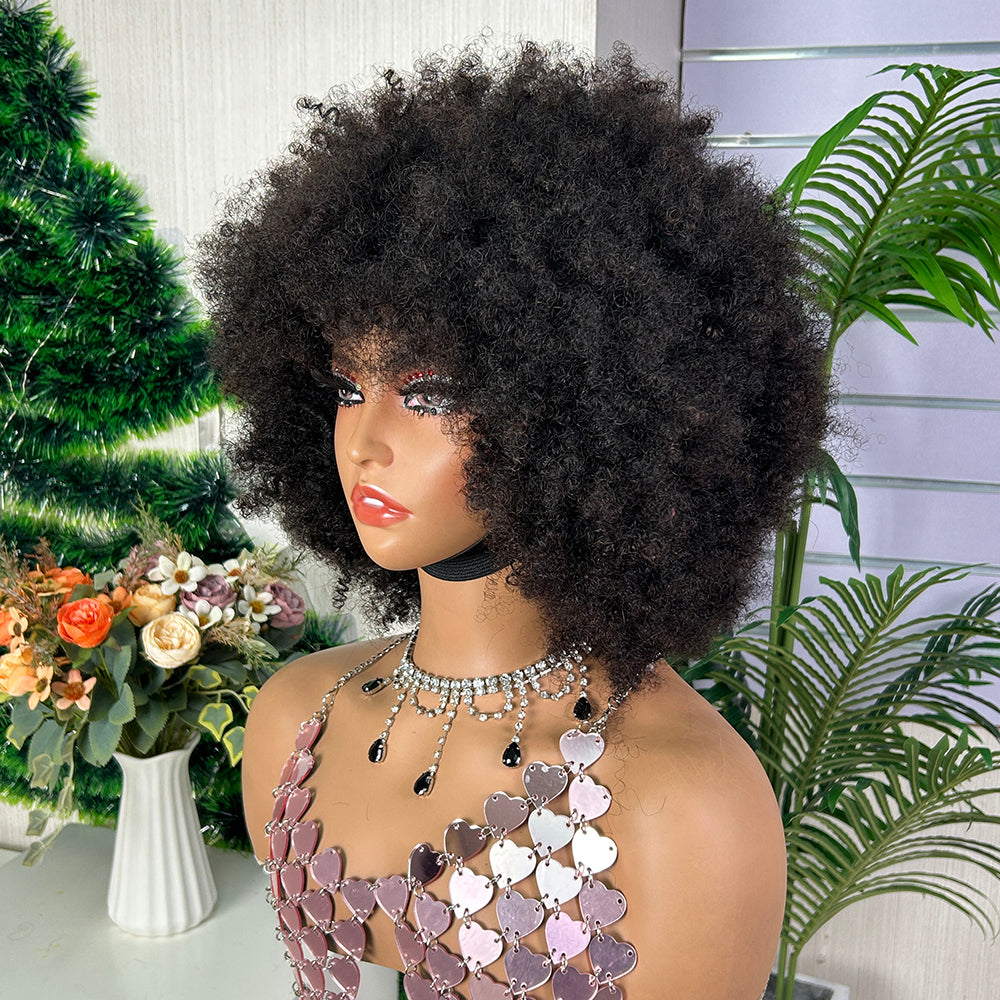 Nature Black Raw Hair Afro Curly Human Hair Fringe Wig（Custom Order）