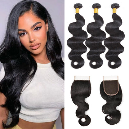 Body Wave 100% cheveux humains 3 faisceaux avec fermeture à lacet 4x4 noir naturel