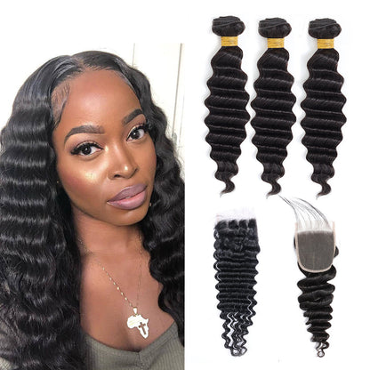 Deep Wave 100% cheveux humains 3 faisceaux avec fermeture à lacet 4x4 noir naturel