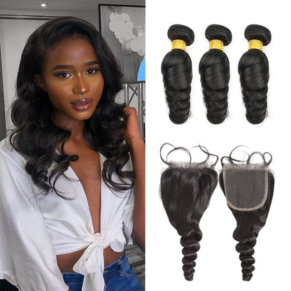 Vague lâche 100 % cheveux humains 3 faisceaux avec fermeture à lacet 4x4 noir naturel