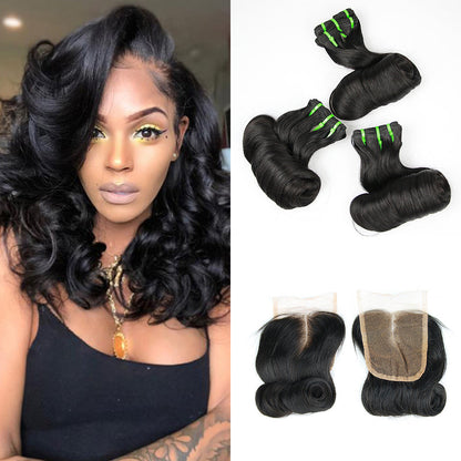1b # Egg Curly Fumi Hair 3 Bundles avec fermeture à lacet 4x4