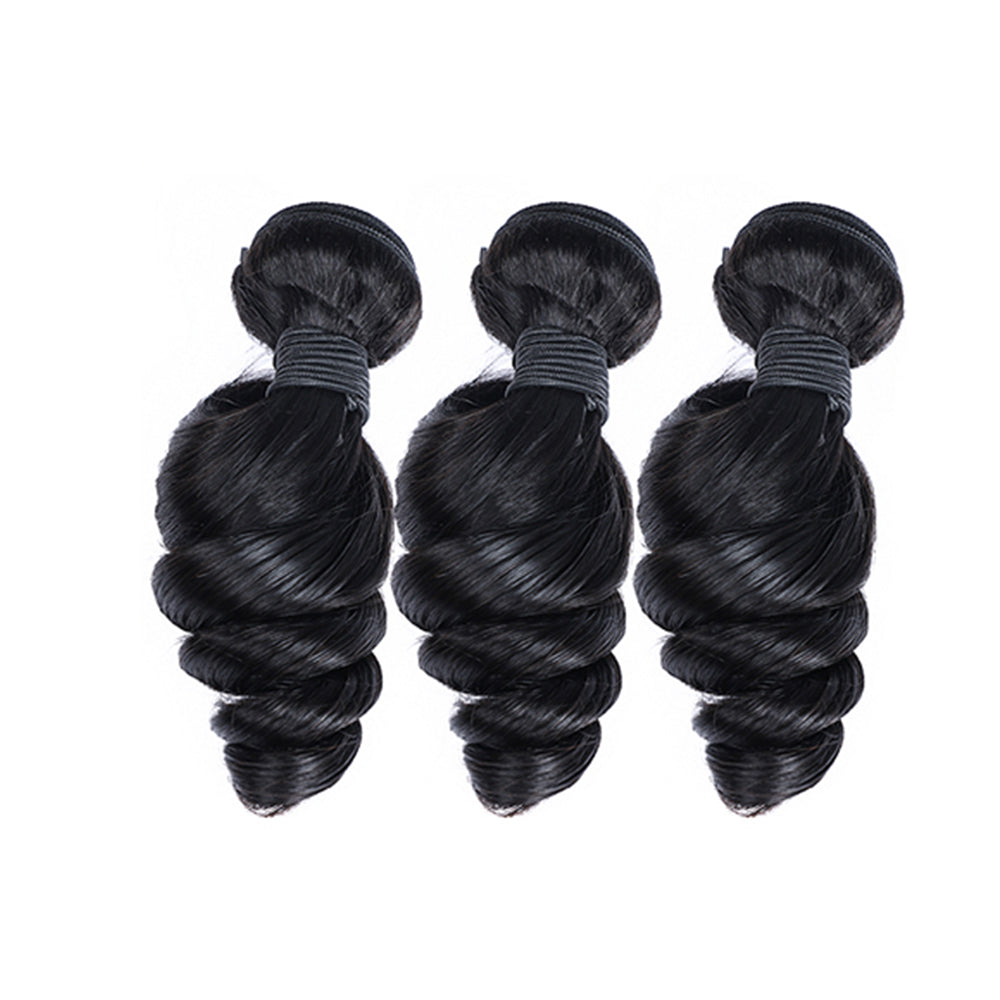 Loose Wave Remy Human Hair 3 Bundles With 13x4 Lace Frontal Natural Black