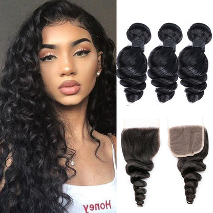 Cheveux lâches de Remy de vague 3 paquets avec le noir naturel de la fermeture de la dentelle 4x4