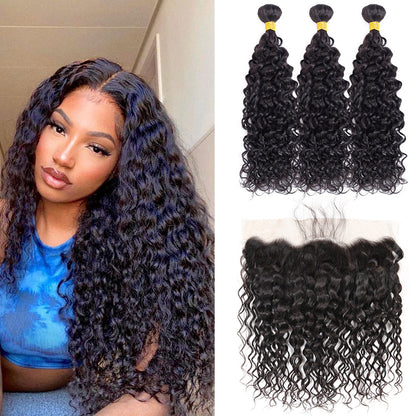 Vague d'eau 100% cheveux humains 3 paquets avec noir naturel frontal en dentelle 13x4