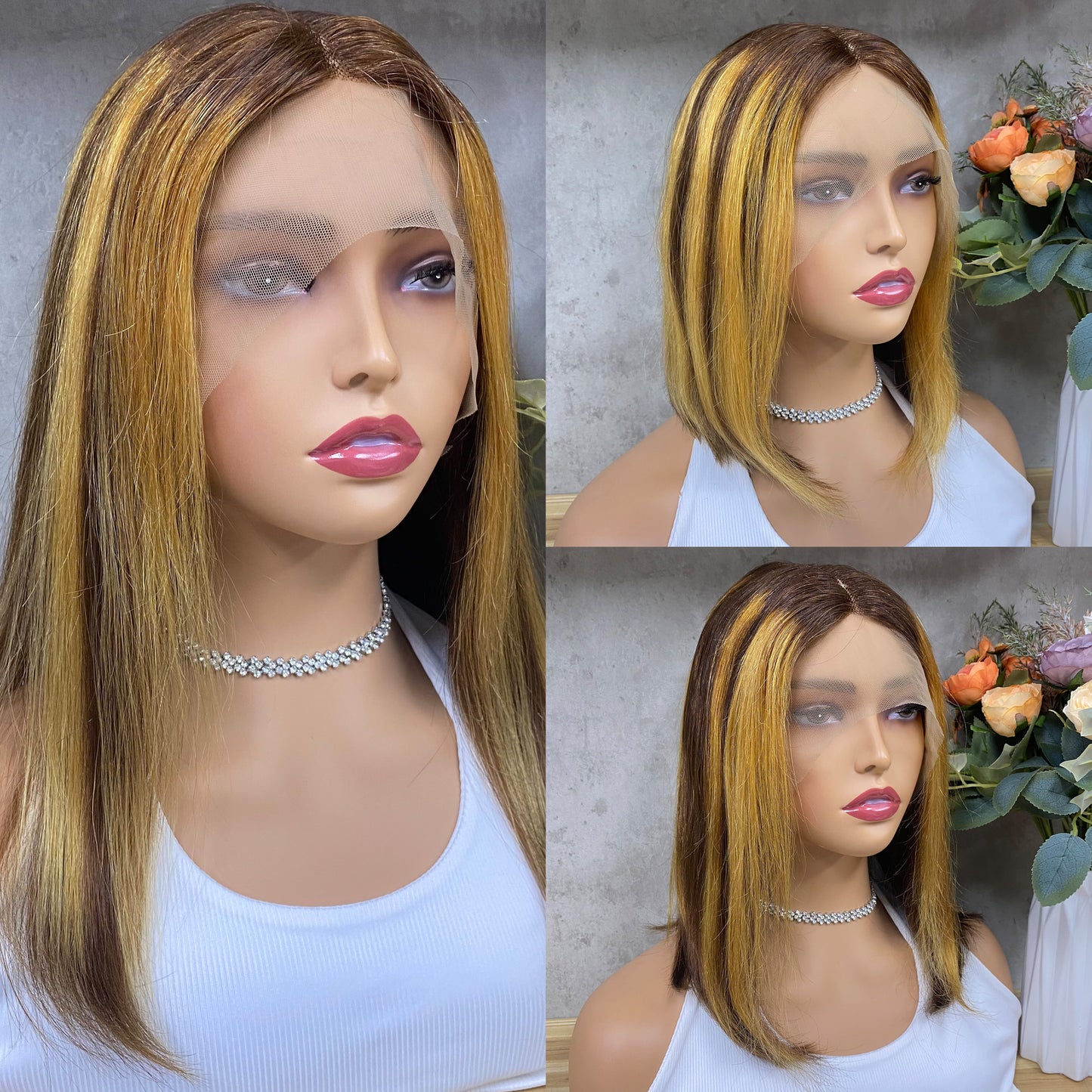 Special Piano Remy Human Hair Straight T-Part Frontal Wigs