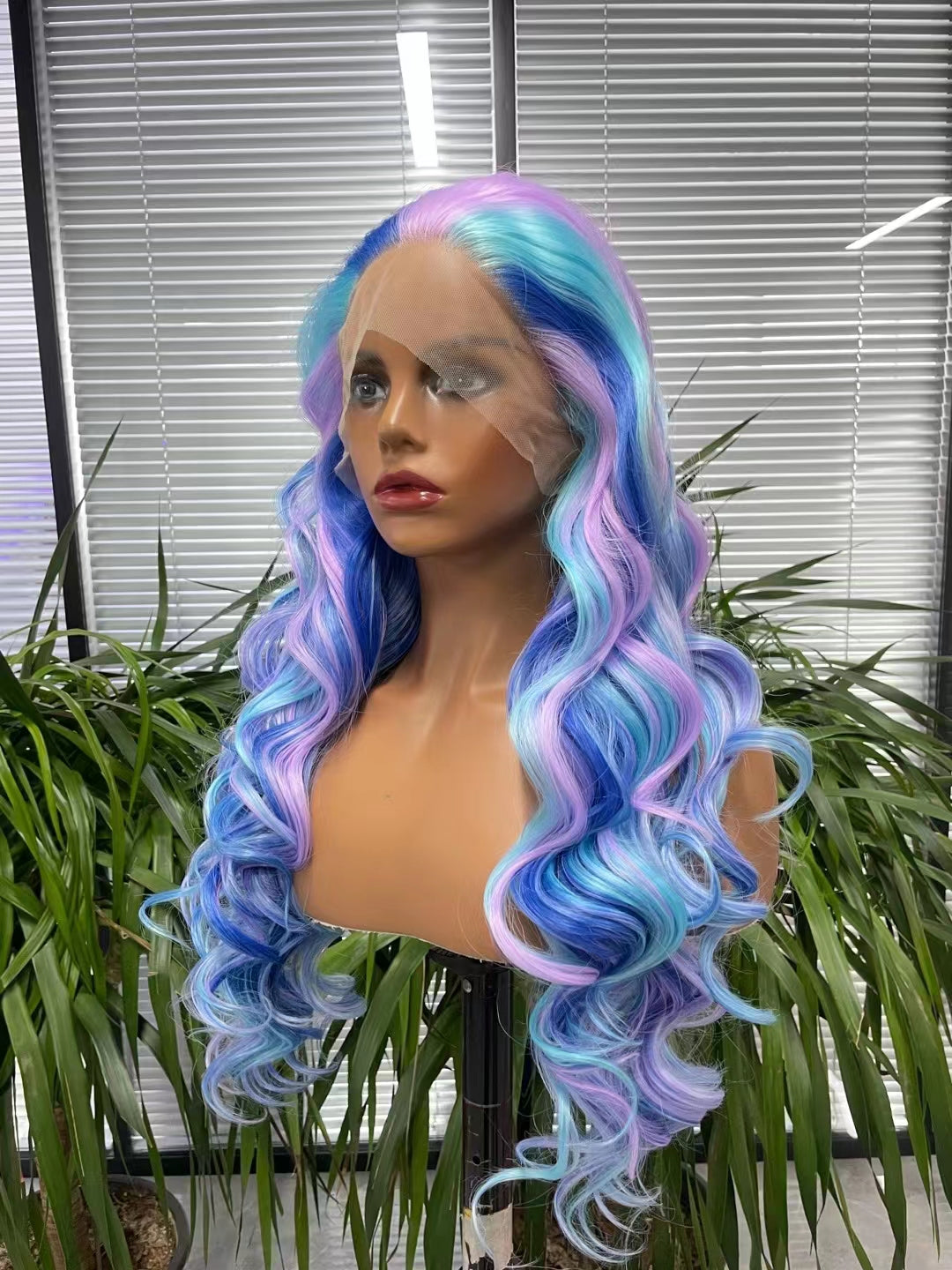 Special Blue MIX Purple Color Long Wave Wigs lace frontal Hair Wig