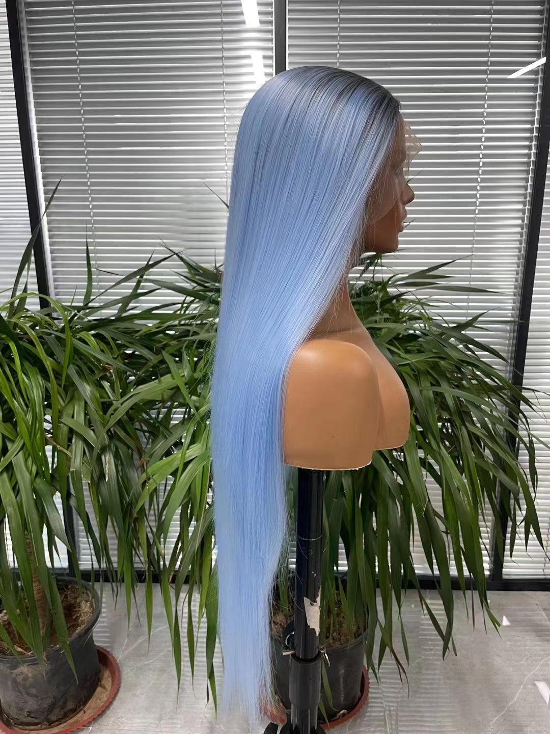 Perruque de cheveux naturels bleu longue longueur perruques droites