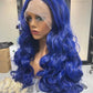 Longue ligne droite cheveux doux bleu vague de corps perruque pour les femmes HD dentelle avant perruque cheveux humains pour Cosplay
