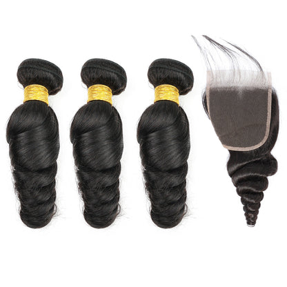 Vague lâche 100 % cheveux humains 3 faisceaux avec fermeture à lacet 4x4 noir naturel