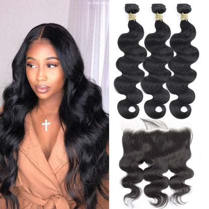 Cheveux de Vierge de vague de corps 3 paquets avec le noir naturel frontal de la dentelle 13x4