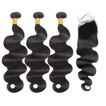 Body Wave 100% cheveux humains 3 faisceaux avec fermeture à lacet 4x4 noir naturel
