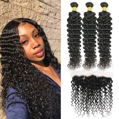 Deep Wave 100% cheveux humains 3 faisceaux avec 13x4 dentelle frontale noir naturel
