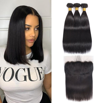 Cheveux 100% humains 3 faisceaux avec dentelle frontale 13x4 noir naturel