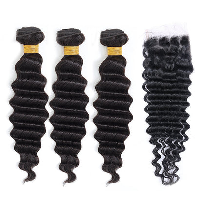 Deep Wave 100% cheveux humains 3 faisceaux avec fermeture à lacet 4x4 noir naturel