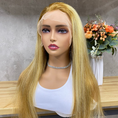 Peruca de Cabelo Humano Remy Liso com Laço Frontal 13x4 de Alta Qualidade, Loiro Acobreado Misto
