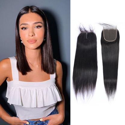 Cheveux humains vierges droits 4x4 Fermeture à lacets Noir naturel