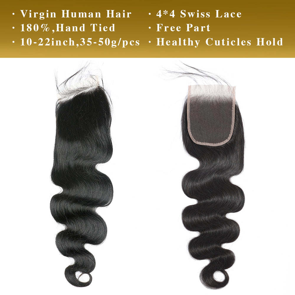 Cheveux de Vierge de vague de corps 3 paquets avec le noir naturel de la fermeture de la dentelle 4x4