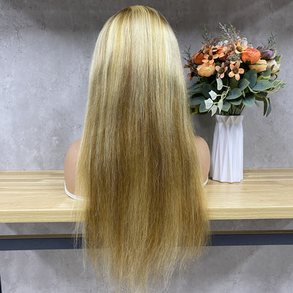 Peruca de Cabelo Humano Remy Liso com Laço Frontal 13x4 de Alta Qualidade, Loiro Acobreado Misto