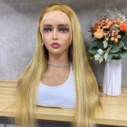 Peruca de Cabelo Humano Remy Liso com Laço Frontal 13x4 de Alta Qualidade, Loiro Acobreado Misto