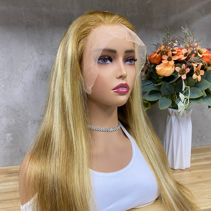 Peruca de Cabelo Humano Remy Liso com Laço Frontal 13x4 de Alta Qualidade, Loiro Acobreado Misto