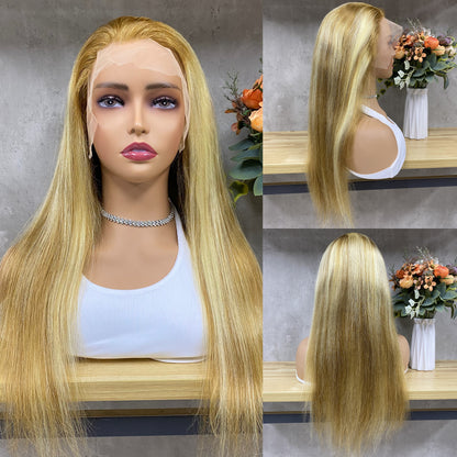 Peruca de Cabelo Humano Remy Liso com Laço Frontal 13x4 de Alta Qualidade, Loiro Acobreado Misto