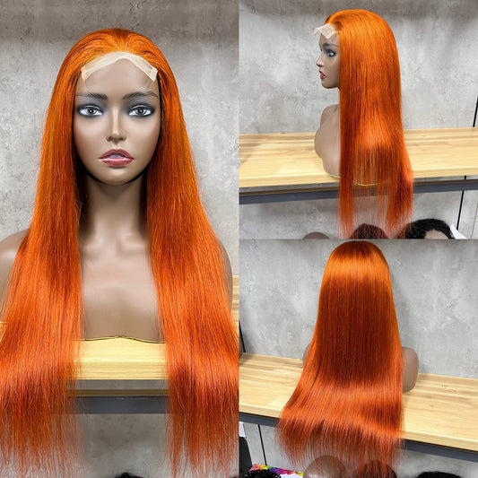 P350 Orange 4x4 Lace Remy Human Hair Straight Closure Wigs