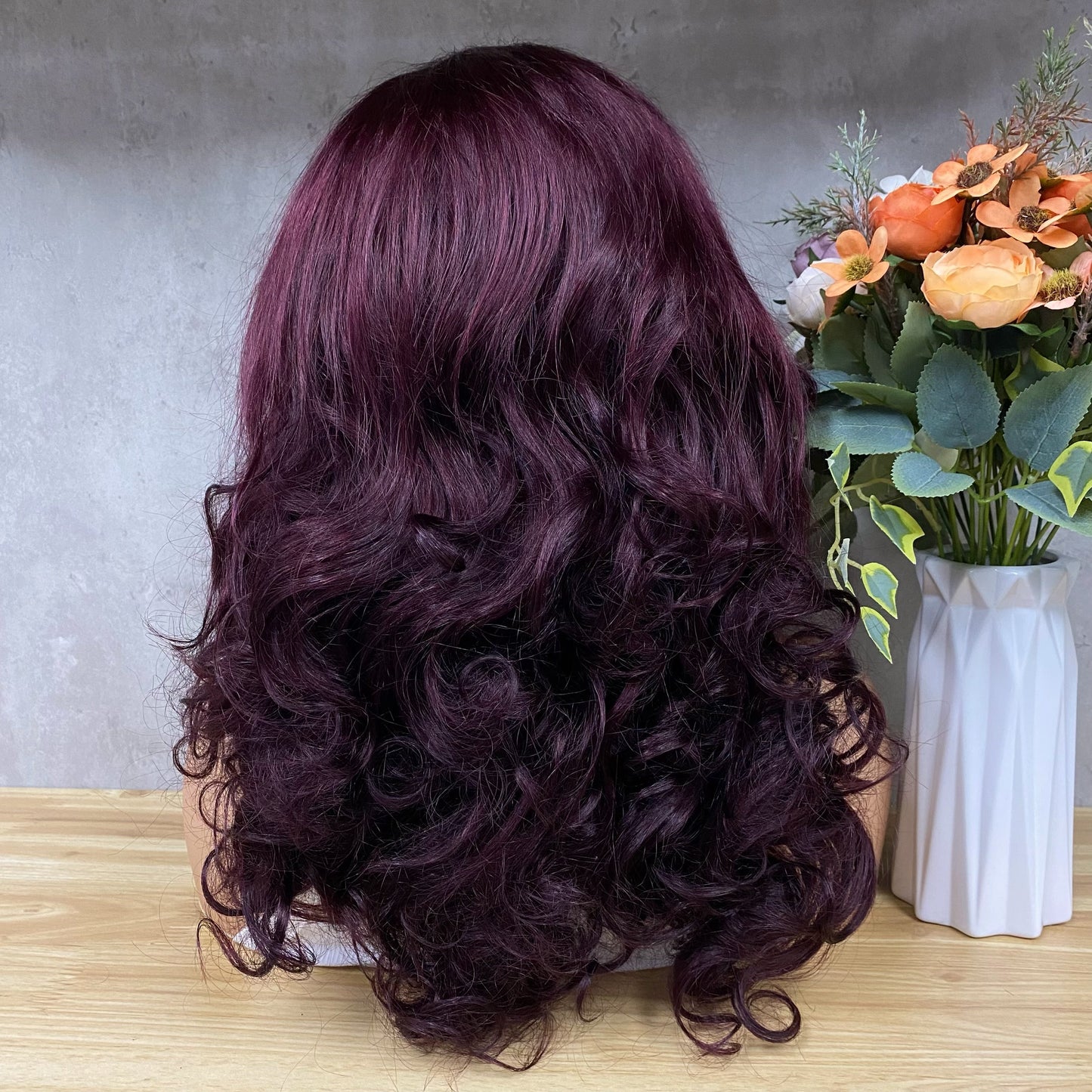 Wine 13x4 Lace Remy Human Hair Bouncy Curly Wigs