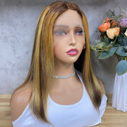 Special Piano Remy Human Hair Straight T-Part Frontal Wigs
