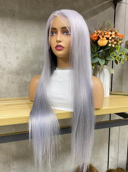 Perruques Cheveux Raides Cheveux Humains Lace Frontale Gris Clair de Lune 13x4