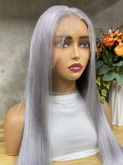 Perruques Cheveux Raides Cheveux Humains Lace Frontale Gris Clair de Lune 13x4