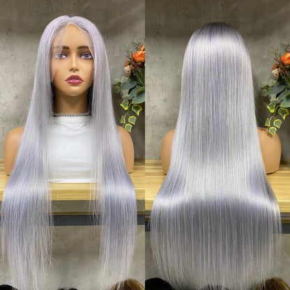 Perruques Cheveux Raides Cheveux Humains Lace Frontale Gris Clair de Lune 13x4