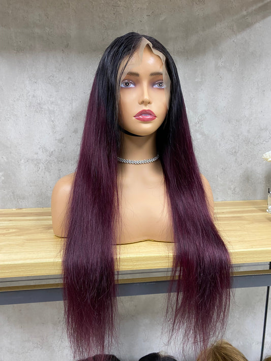 Haute Qualité Omber Bourgogne Remy Cheveux Humains 13x4 Dentelle Frontale Droite Cheveux Longs Perruques