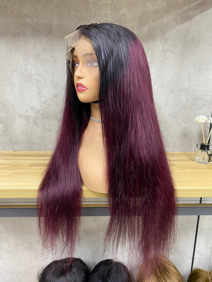High Quality Omber Burgundy Remy Human Hair 13x4 Lace Frontal Straight Long Hair Wigs