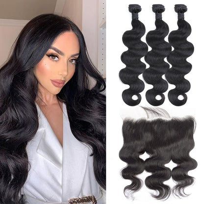Cheveux humains de Remy de vague de corps 3 paquets avec le noir naturel frontal de la dentelle 13x4