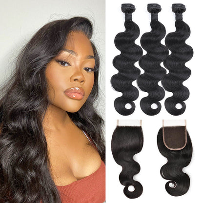 Cheveux humains de Remy de vague de corps 3 paquets avec le noir naturel de la fermeture de la dentelle 4x4
