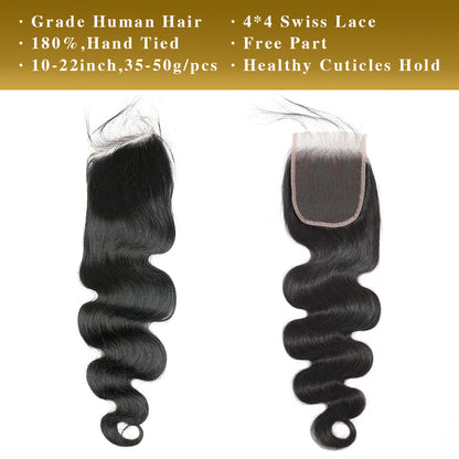 Body Wave 100% cheveux humains 3 faisceaux avec fermeture à lacet 4x4 noir naturel