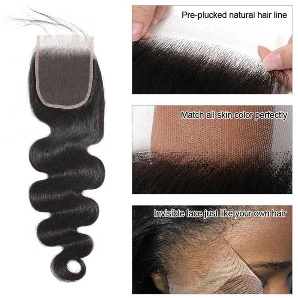 Cheveux de Vierge de vague de corps 3 paquets avec le noir naturel de la fermeture de la dentelle 4x4