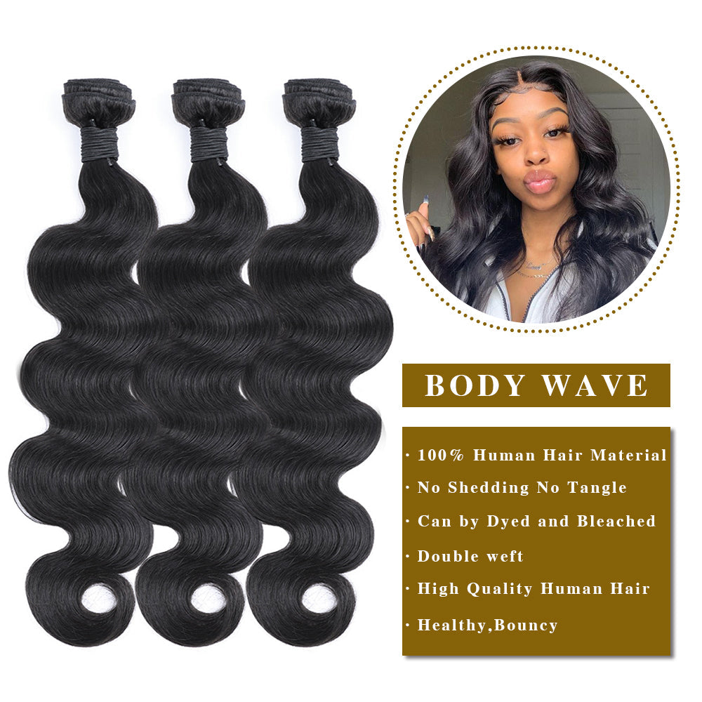 Body Wave 100% cheveux humains 3 faisceaux avec fermeture à lacet 4x4 noir naturel