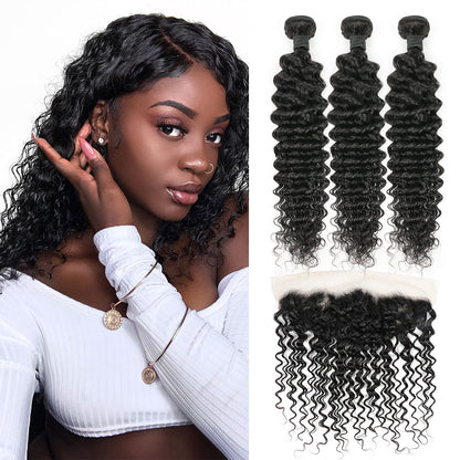 Paquets profonds 3 de cheveux de Remy de vague avec le noir naturel frontal de la dentelle 13x4