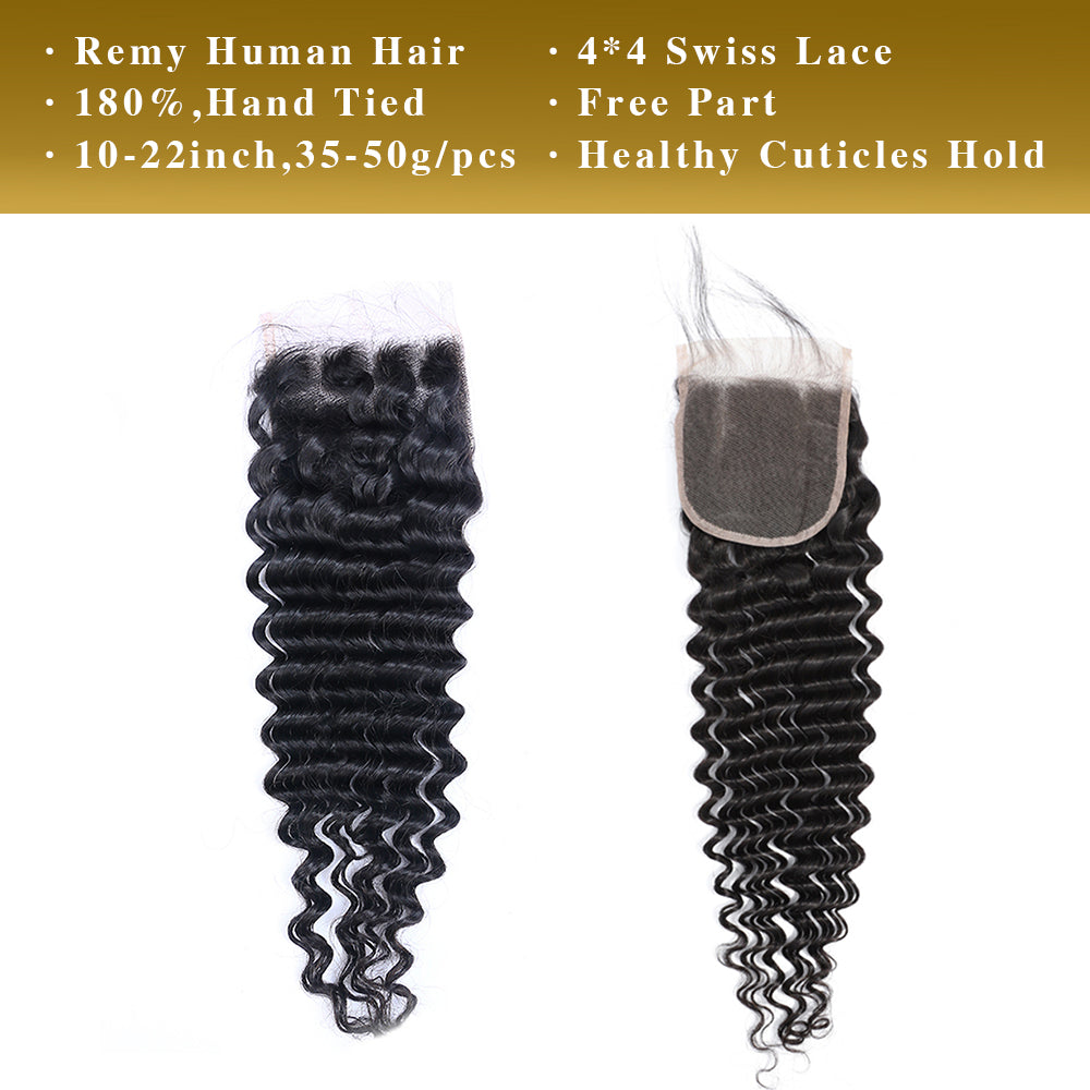 Deep Wave Remy Human Hair 3 Bundles With 4x4 Lace Closure Natural Black