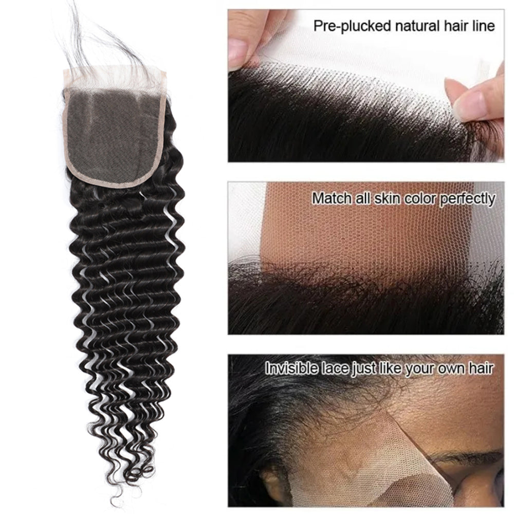 Deep Wave 100% Human Hair 3 Bundles With 13x4 Lace Frontal Natural Black